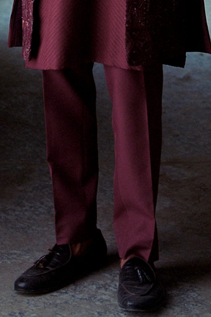 Wine Wool Blend Hand Embroidered Groom Indowestern Set by Amaare at Pernia's Pop Up Shop