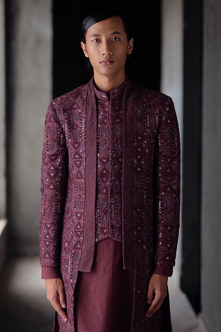Wine Wool Blend Hand Embroidered Groom Indowestern Set by Amaare at Pernia's Pop Up Shop