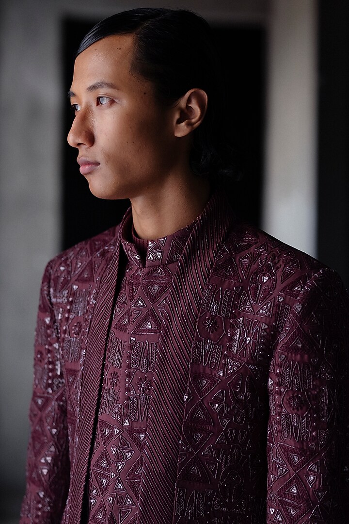 Wine Wool Blend Hand Embroidered Groom Indowestern Set by Amaare at Pernia's Pop Up Shop