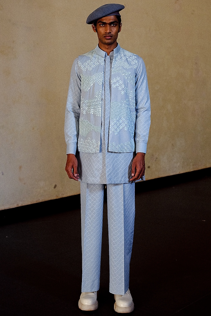 Blue Habutai Silk Hand Embroidered Bundi Jacket Set by Amaare