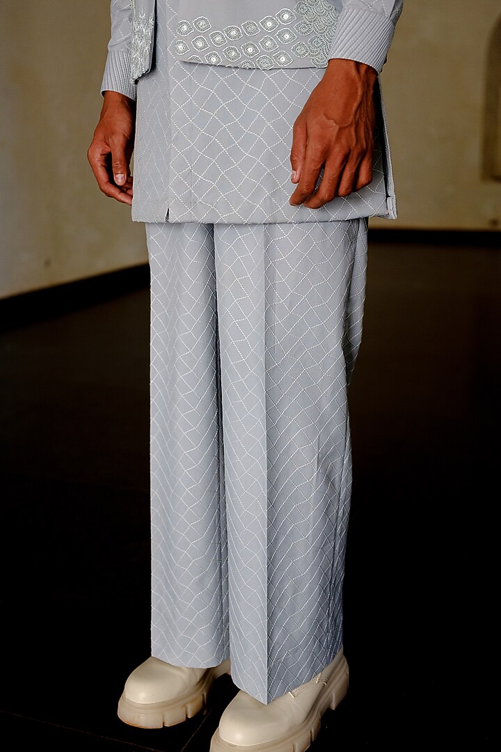 Blue Habutai Silk Hand Embroidered Bundi Jacket Set by Amaare at Pernia's Pop Up Shop