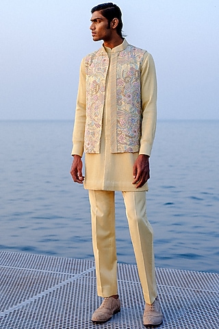 Yellow Habutai Silk Hand Embroidered Bundi Jacket Set by Amaare