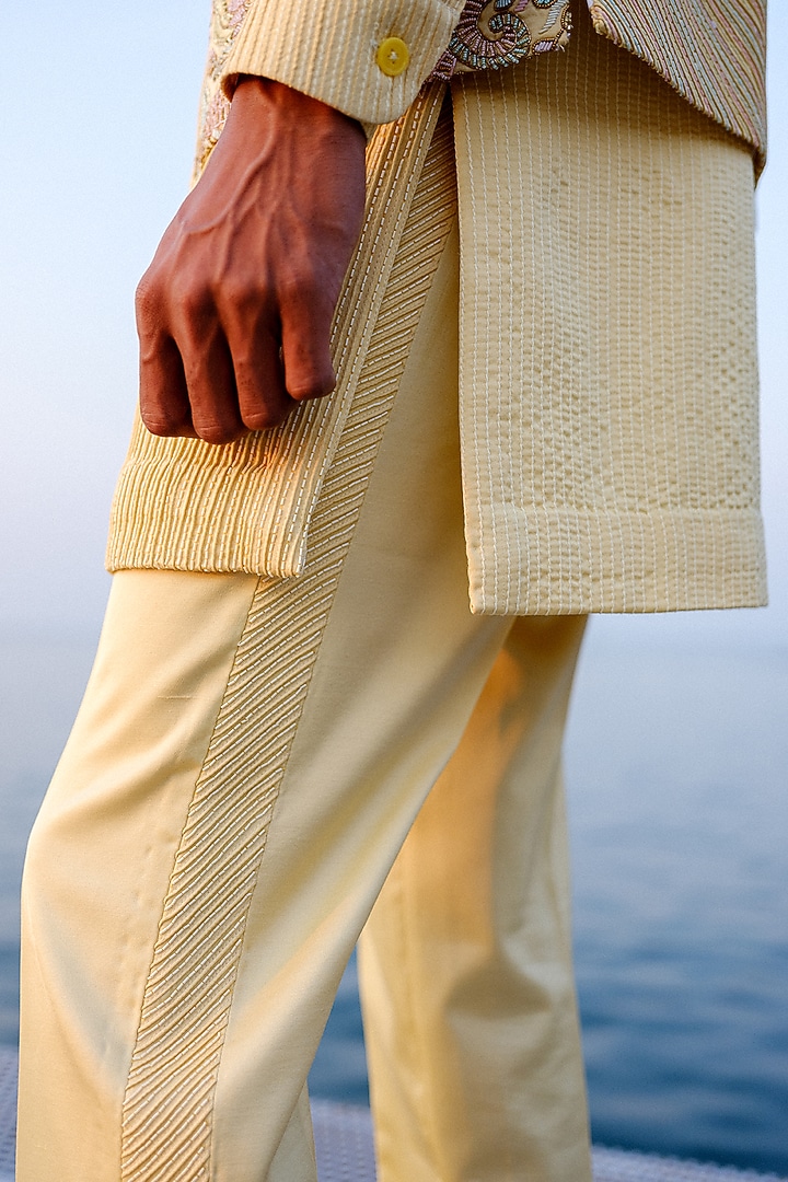 Yellow Habutai Silk Hand Embroidered Bundi Jacket Set by Amaare at Pernia's Pop Up Shop