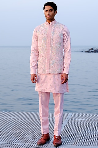 Pink Habutai Silk Hand Embroidered Bundi Jacket Set by Amaare