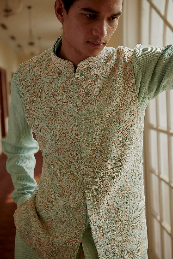 Green Raw Silk Hand Embroidered Bundi Jacket Set by Amaare at Pernia's Pop Up Shop