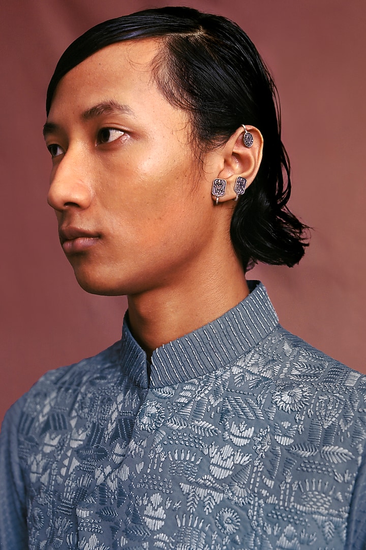 Blue Wool Blend Thread Hand Embroidered Bundi Jacket Set by Amaare at Pernia's Pop Up Shop