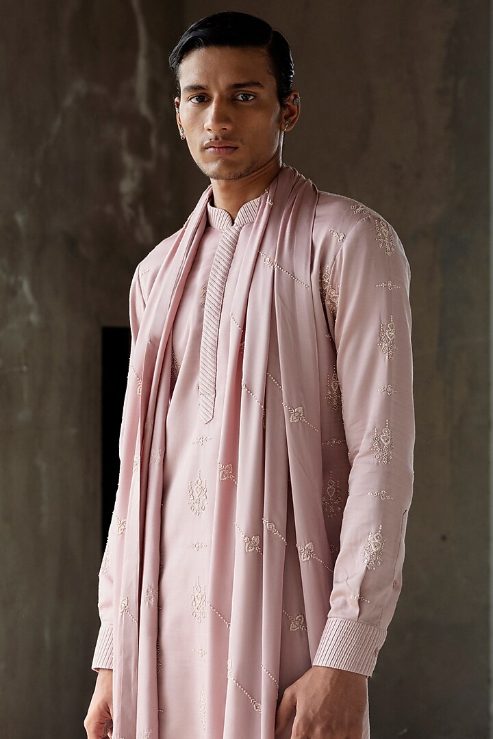 Pink Modal Satin Silk Sequins Hand Embroidered Kurta Set by Amaare at Pernia's Pop Up Shop