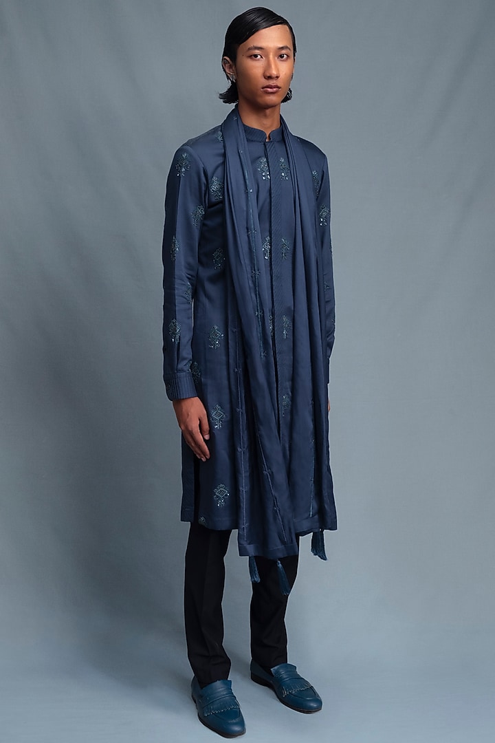 Blue Modal Satin Silk Hand Embroidered Kurta Set by Amaare at Pernia's Pop Up Shop