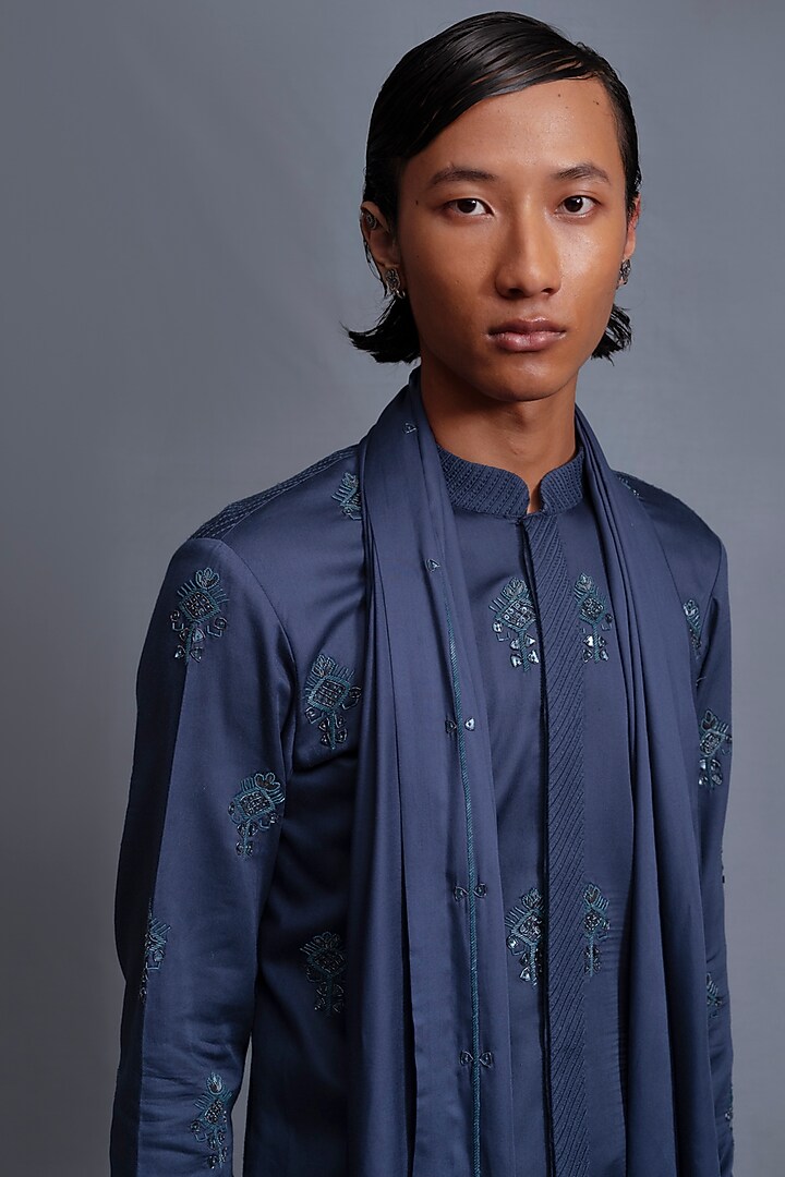 Blue Modal Satin Silk Hand Embroidered Kurta Set by Amaare at Pernia's Pop Up Shop