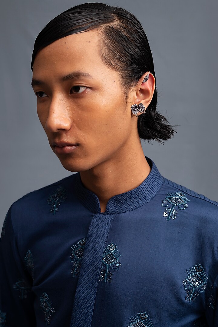 Blue Modal Satin Silk Hand Embroidered Kurta Set by Amaare at Pernia's Pop Up Shop
