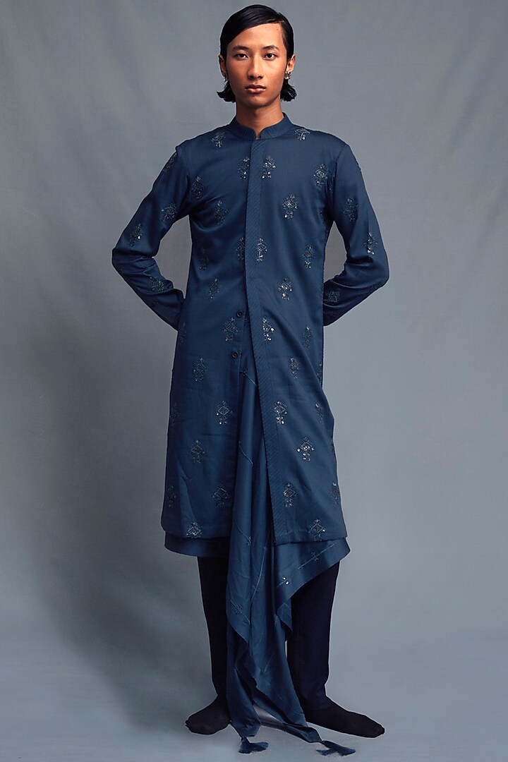 Blue Modal Satin Silk Hand Embroidered Kurta Set by Amaare at Pernia's Pop Up Shop