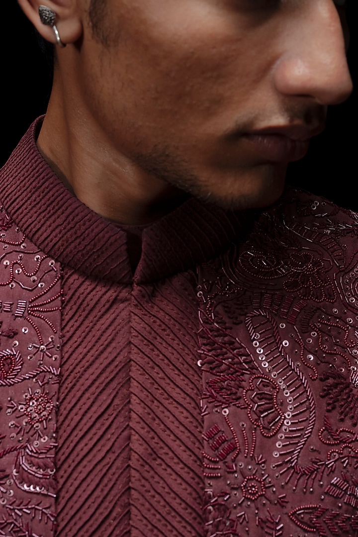 Maroon Silk Hand Embroidered Bundi Jacket Set by Amaare at Pernia's Pop Up Shop