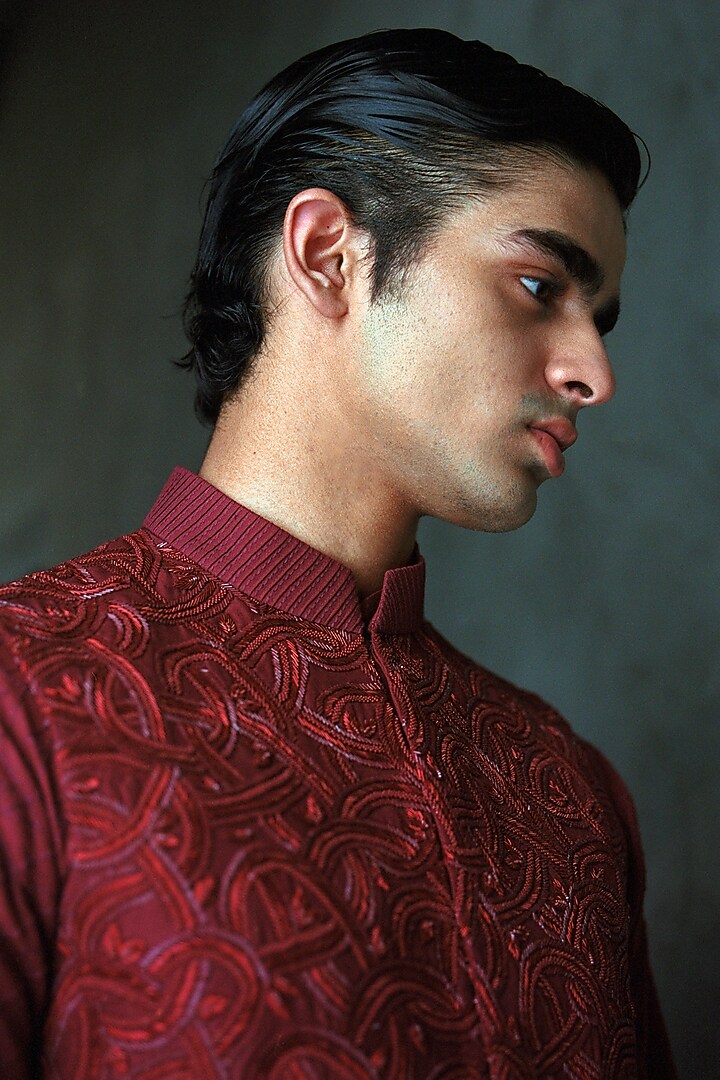 Maroon Silk Hand Embroidered Bundi Jacket Set by Amaare at Pernia's Pop Up Shop