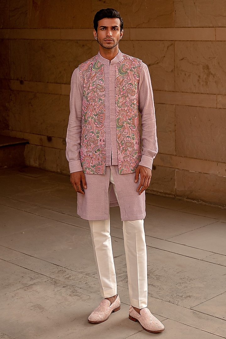 Blush Pink Silk Hand Embroidered Bundi Jacket Set by Amaare
