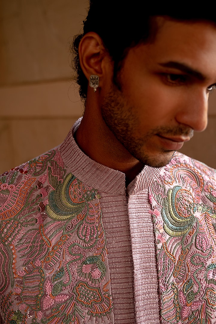 Blush Pink Silk Hand Embroidered Bundi Jacket Set by Amaare at Pernia's Pop Up Shop
