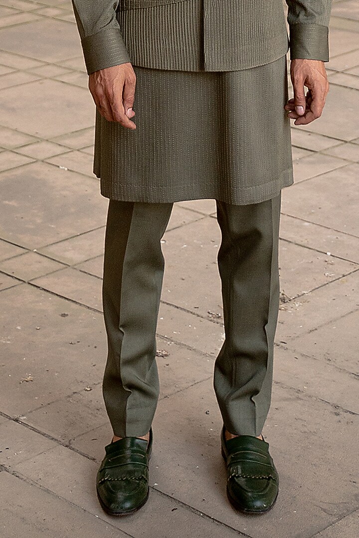 Olive Green Silk Bundi Jacket Set by Amaare at Pernia's Pop Up Shop