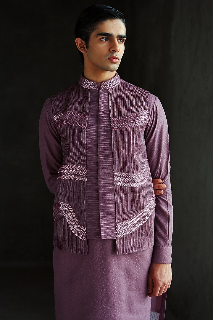 Purple Silk Hand Embroidered Bundi Jacket Set by Amaare at Pernia's Pop Up Shop