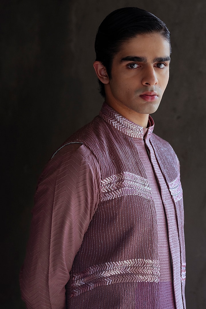 Purple Silk Hand Embroidered Bundi Jacket Set by Amaare at Pernia's Pop Up Shop