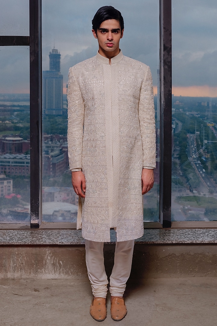 White Silk Hand Embroidered Groom Sherwani Set by Amaare at Pernia's Pop Up Shop