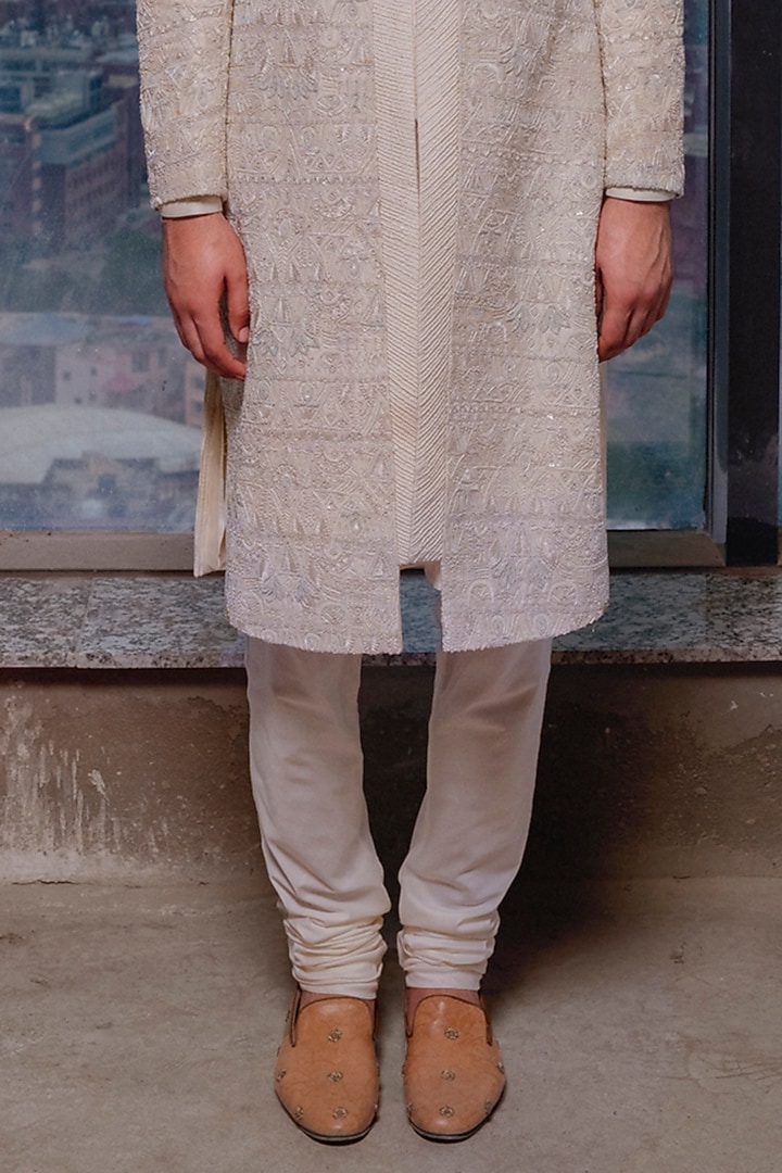 White Silk Hand Embroidered Groom Sherwani Set by Amaare at Pernia's Pop Up Shop