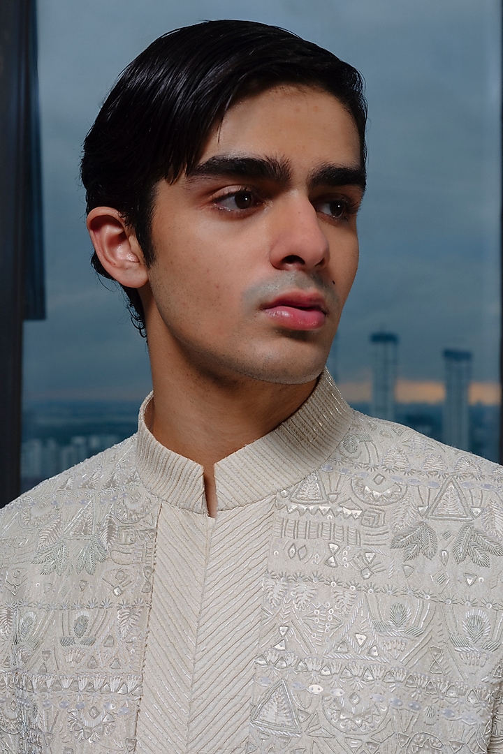 White Silk Hand Embroidered Groom Sherwani Set by Amaare at Pernia's Pop Up Shop