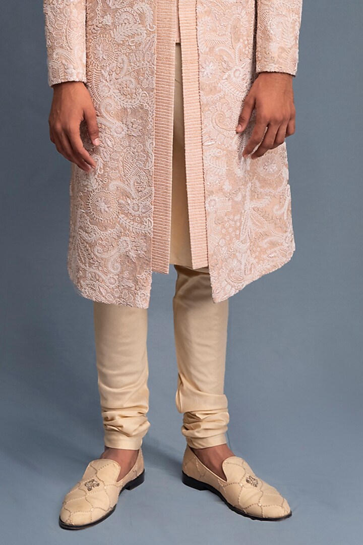 Peach Silk Hand Embroidered Groom Sherwani Set by Amaare at Pernia's Pop Up Shop