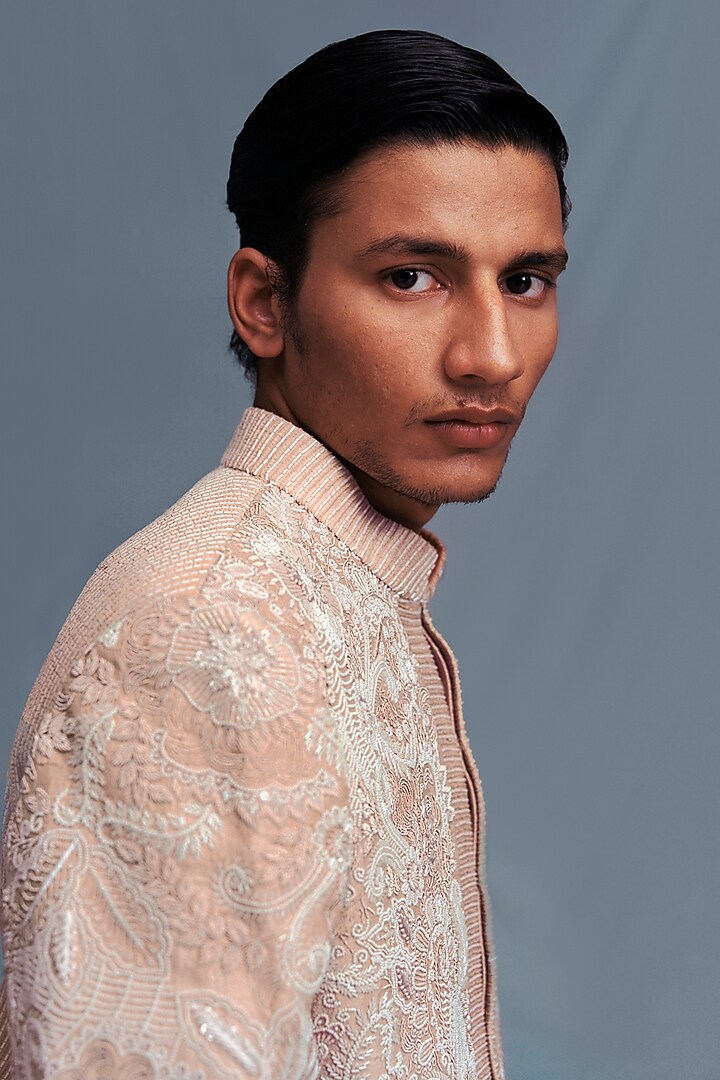 Peach Silk Hand Embroidered Groom Sherwani Set by Amaare at Pernia's Pop Up Shop