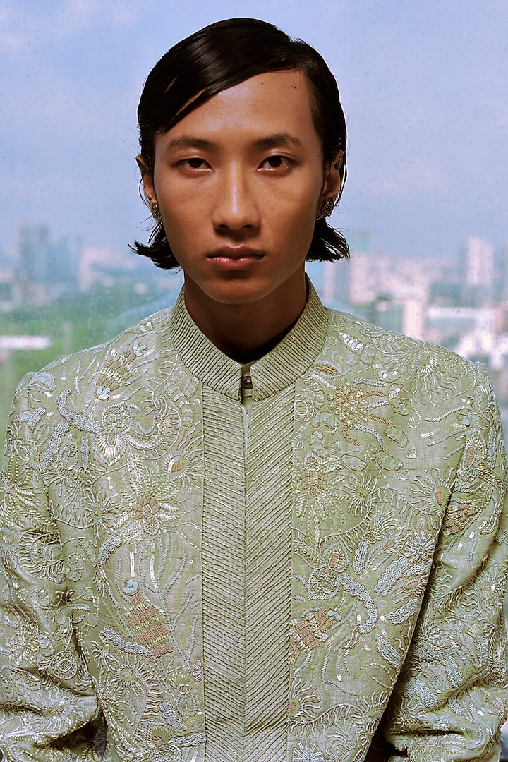 Green Silk Hand Embroidered Groom Sherwani Set by Amaare at Pernia's Pop Up Shop