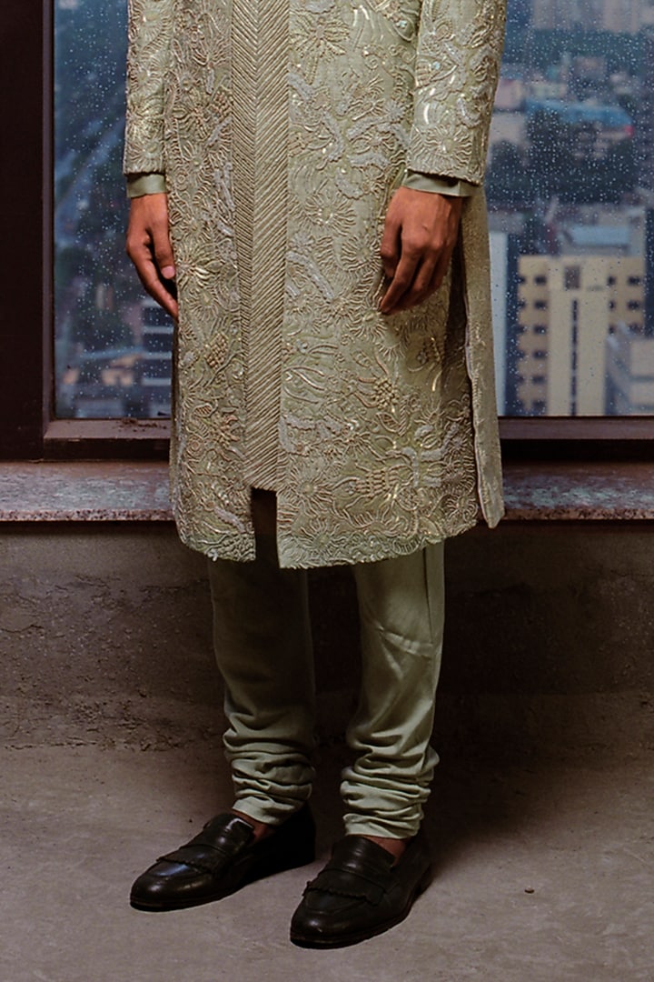 Green Silk Hand Embroidered Groom Sherwani Set by Amaare at Pernia's Pop Up Shop