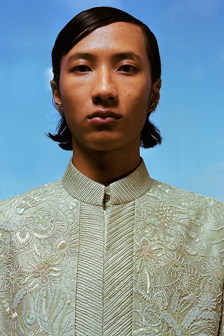 Green Silk Hand Embroidered Groom Sherwani Set by Amaare at Pernia's Pop Up Shop