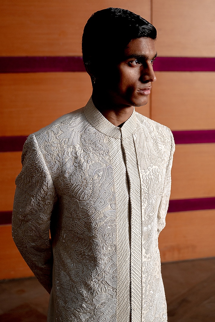 White Silk Hand Embroidered Groom Sherwani Set by Amaare at Pernia's Pop Up Shop
