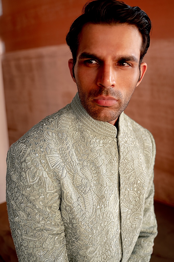 Green Silk Hand Embroidered Groom Sherwani Set by Amaare at Pernia's Pop Up Shop