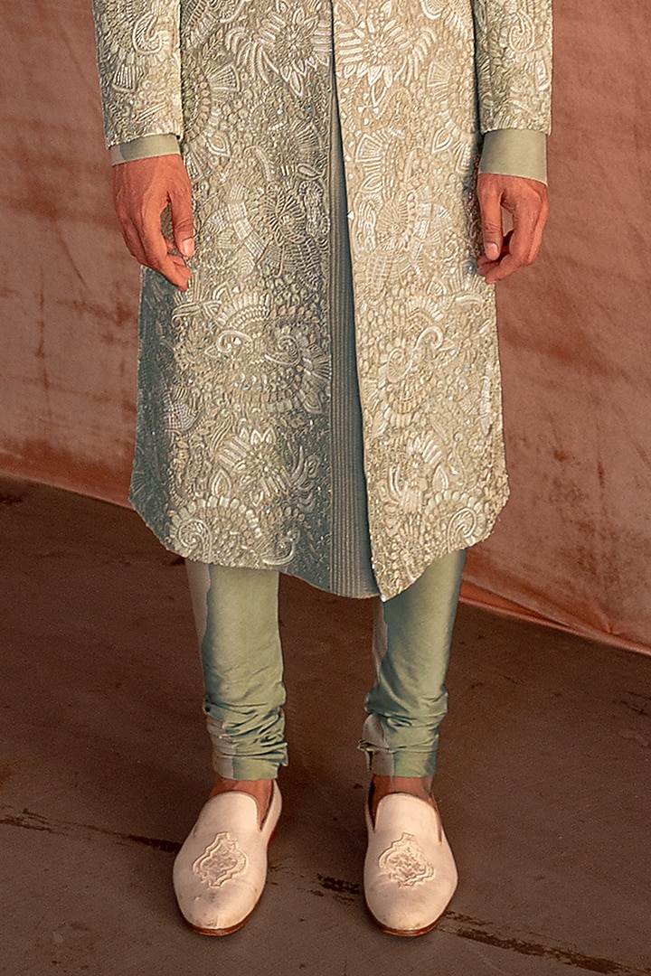 Green Silk Hand Embroidered Groom Sherwani Set by Amaare at Pernia's Pop Up Shop