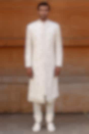 White Silk Hand Embroidered Groom Sherwani Set by Amaare at Pernia's Pop Up Shop