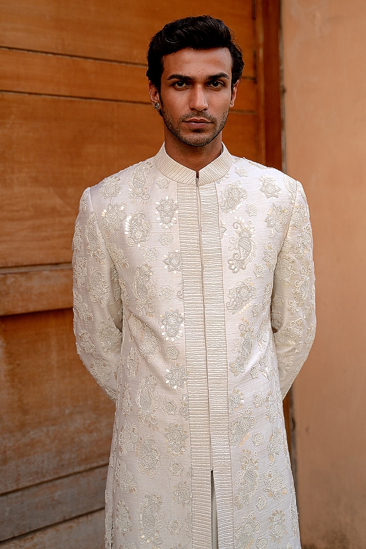 White Silk Hand Embroidered Groom Sherwani Set by Amaare at Pernia's Pop Up Shop