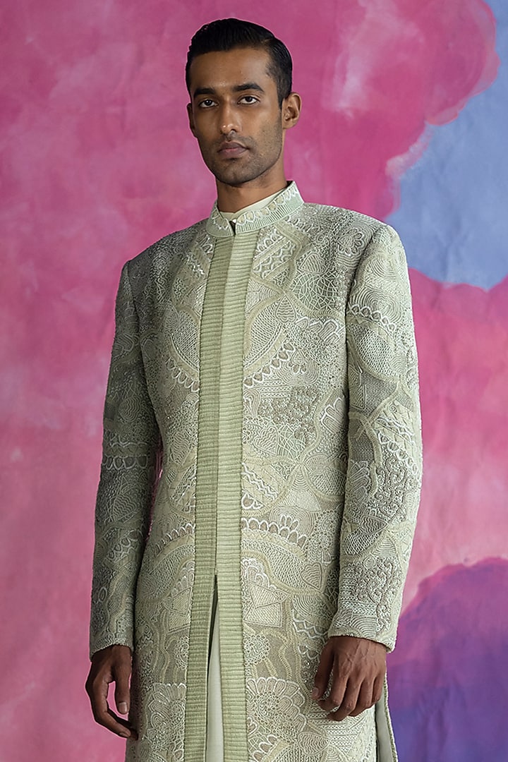 Green Silk Hand Embroidered Groom Sherwani Set by Amaare at Pernia's Pop Up Shop