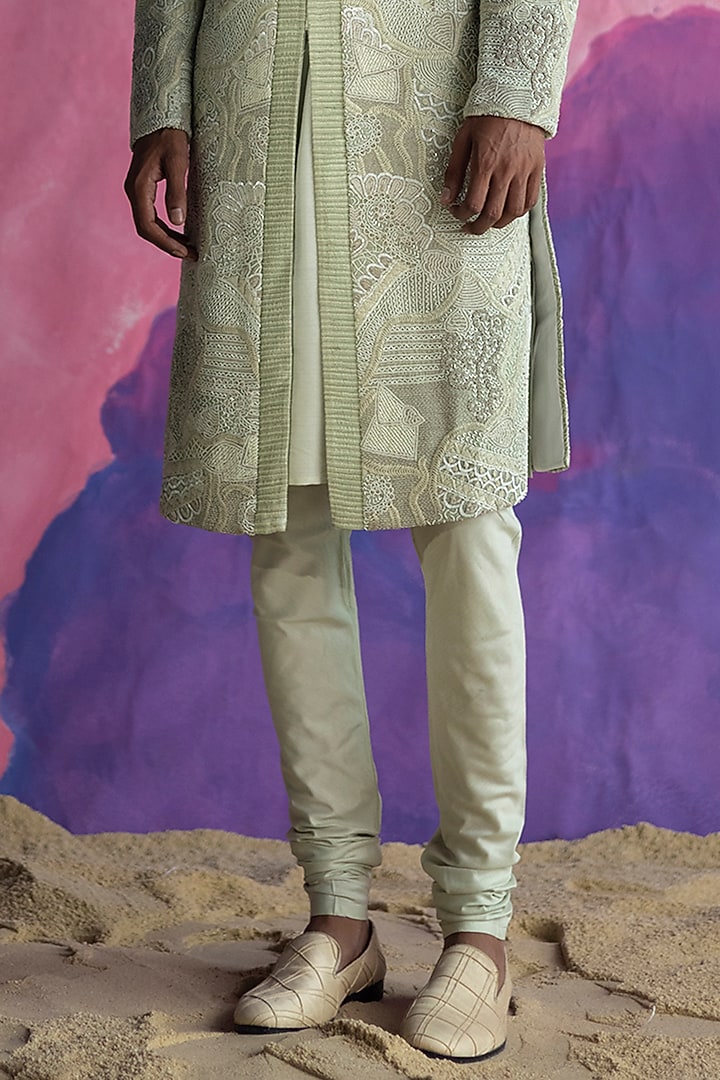 Green Silk Hand Embroidered Groom Sherwani Set by Amaare at Pernia's Pop Up Shop