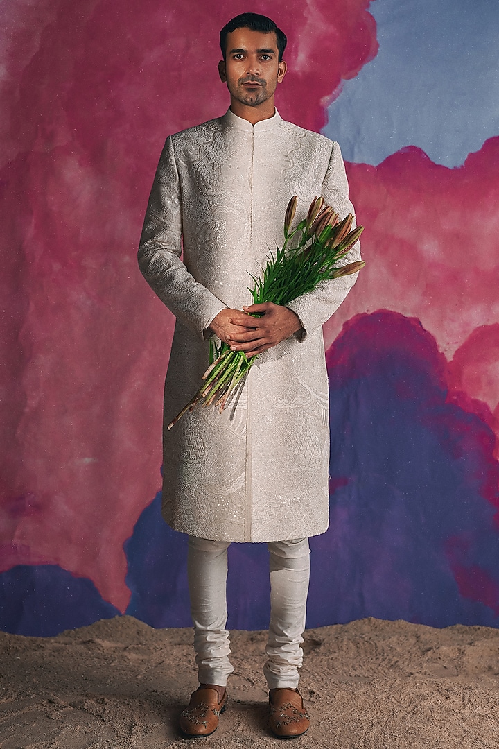 Ivory Silk Hand Embroidered Groom Sherwani Set by Amaare at Pernia's Pop Up Shop