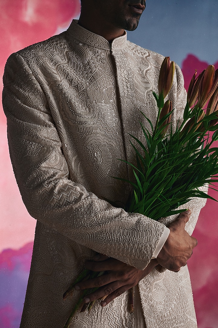 Ivory Silk Hand Embroidered Groom Sherwani Set by Amaare at Pernia's Pop Up Shop