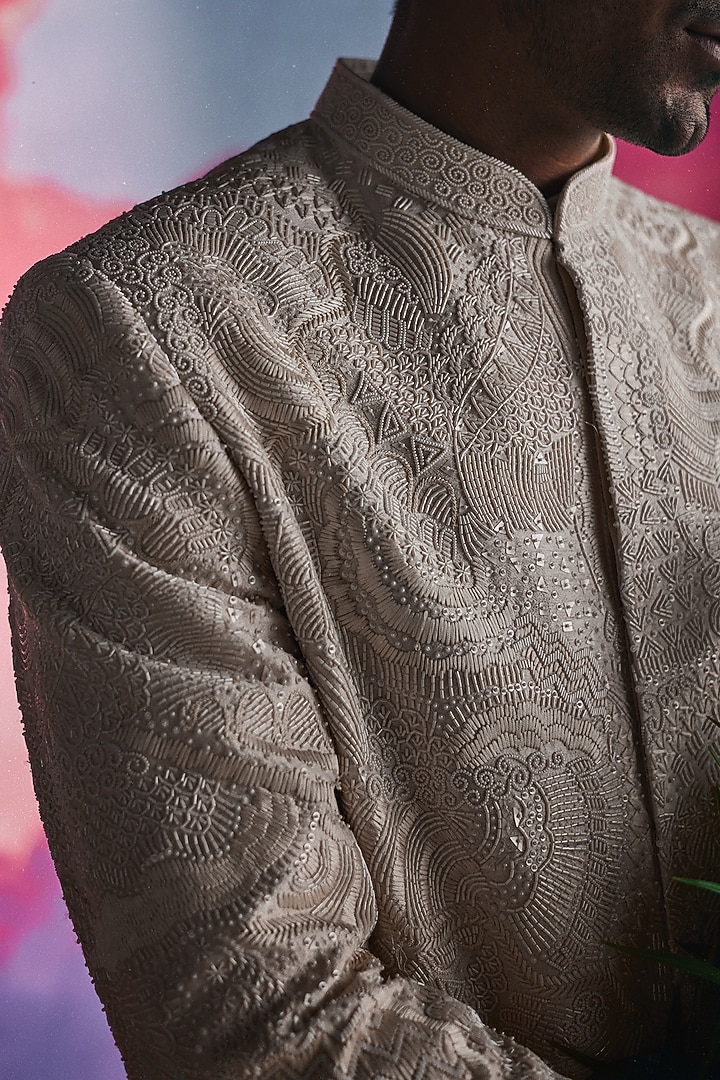 Ivory Silk Hand Embroidered Groom Sherwani Set by Amaare at Pernia's Pop Up Shop