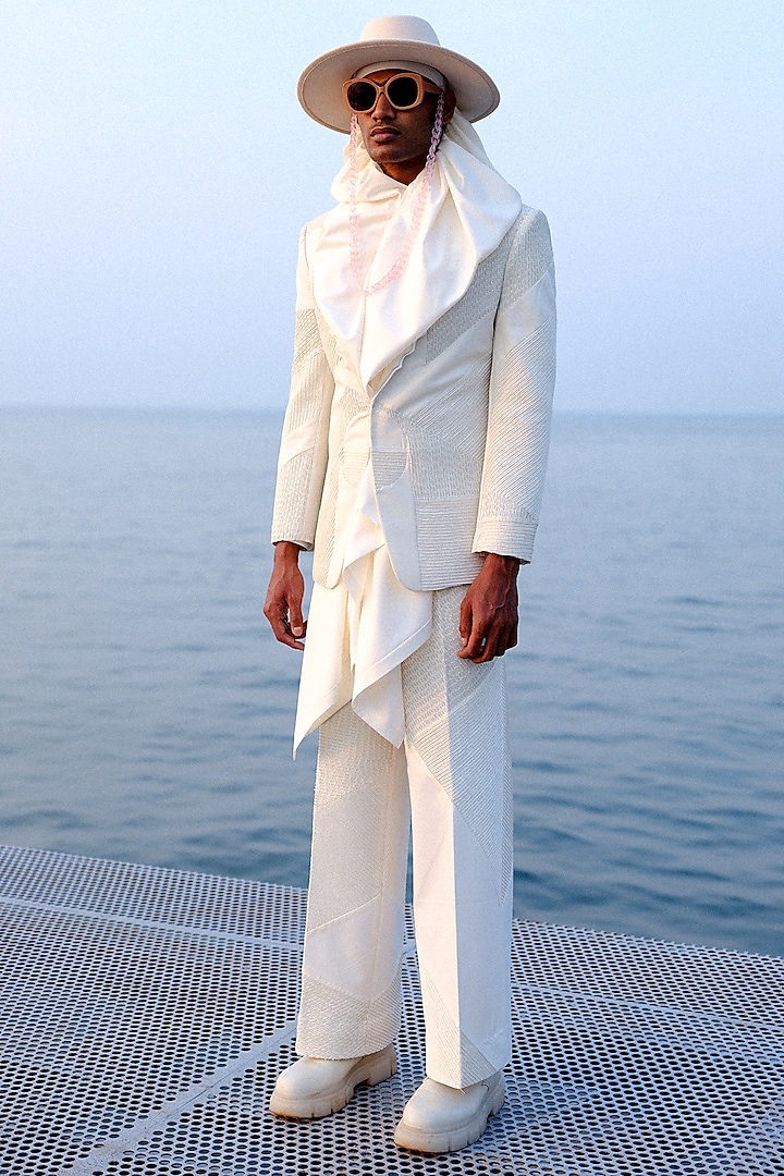 White Silk Hand Embroidered Tuxedo Set by Amaare