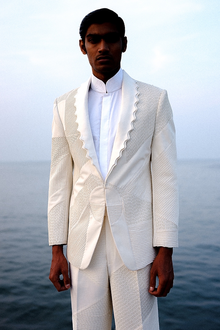 White Silk Hand Embroidered Tuxedo Set by Amaare at Pernia's Pop Up Shop