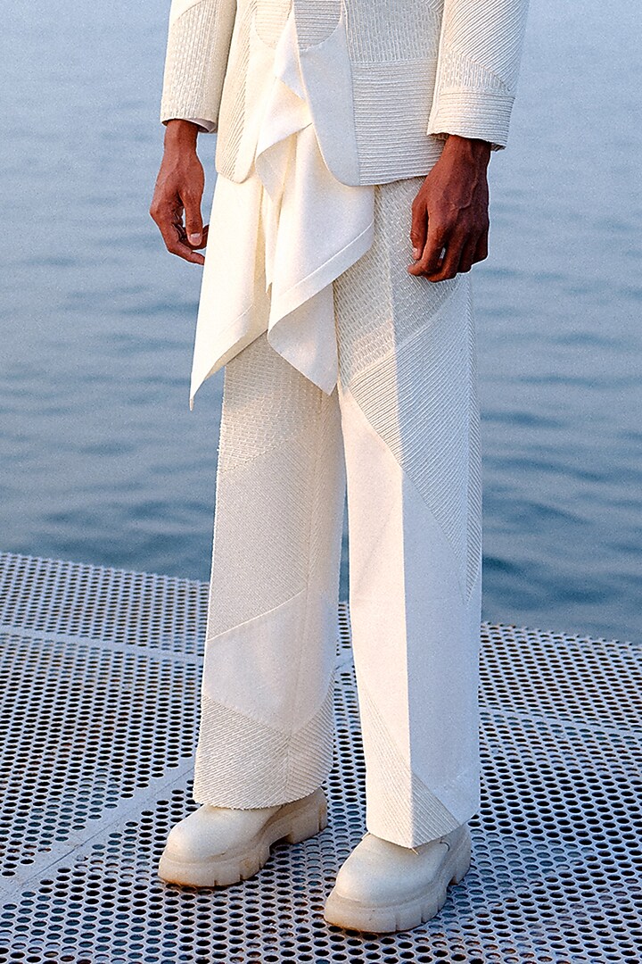 White Silk Hand Embroidered Tuxedo Set by Amaare at Pernia's Pop Up Shop