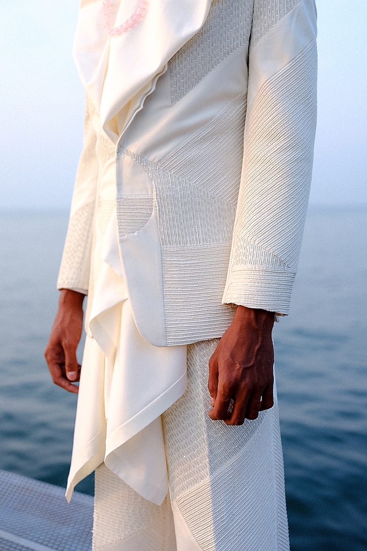 White Silk Hand Embroidered Tuxedo Set by Amaare at Pernia's Pop Up Shop