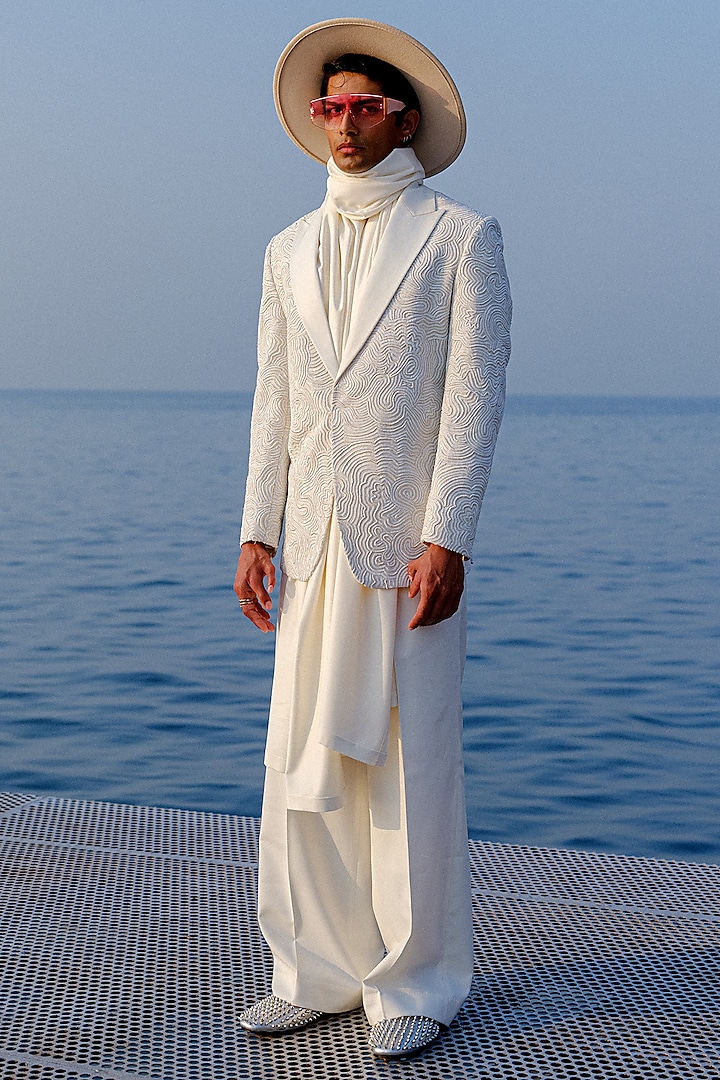 White Silk Hand Embroidered Tuxedo Set by Amaare