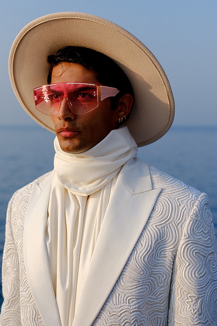 White Silk Hand Embroidered Tuxedo Set by Amaare at Pernia's Pop Up Shop