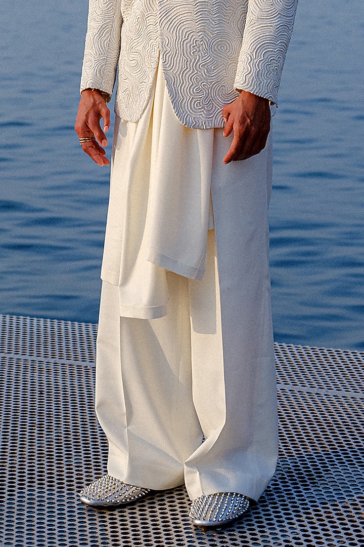White Silk Hand Embroidered Tuxedo Set by Amaare at Pernia's Pop Up Shop