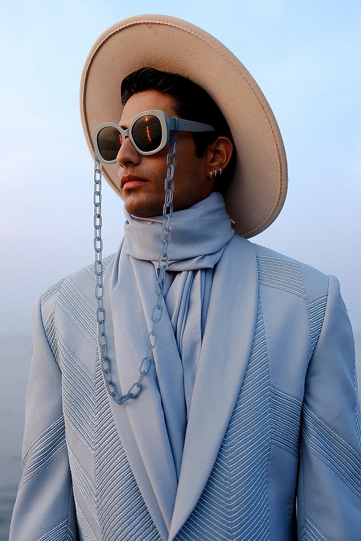 Grey Silk Hand Embroidered Tuxedo Set by Amaare at Pernia's Pop Up Shop