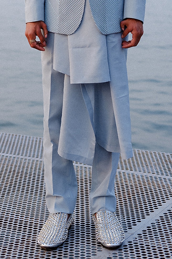 Grey Silk Hand Embroidered Tuxedo Set by Amaare at Pernia's Pop Up Shop