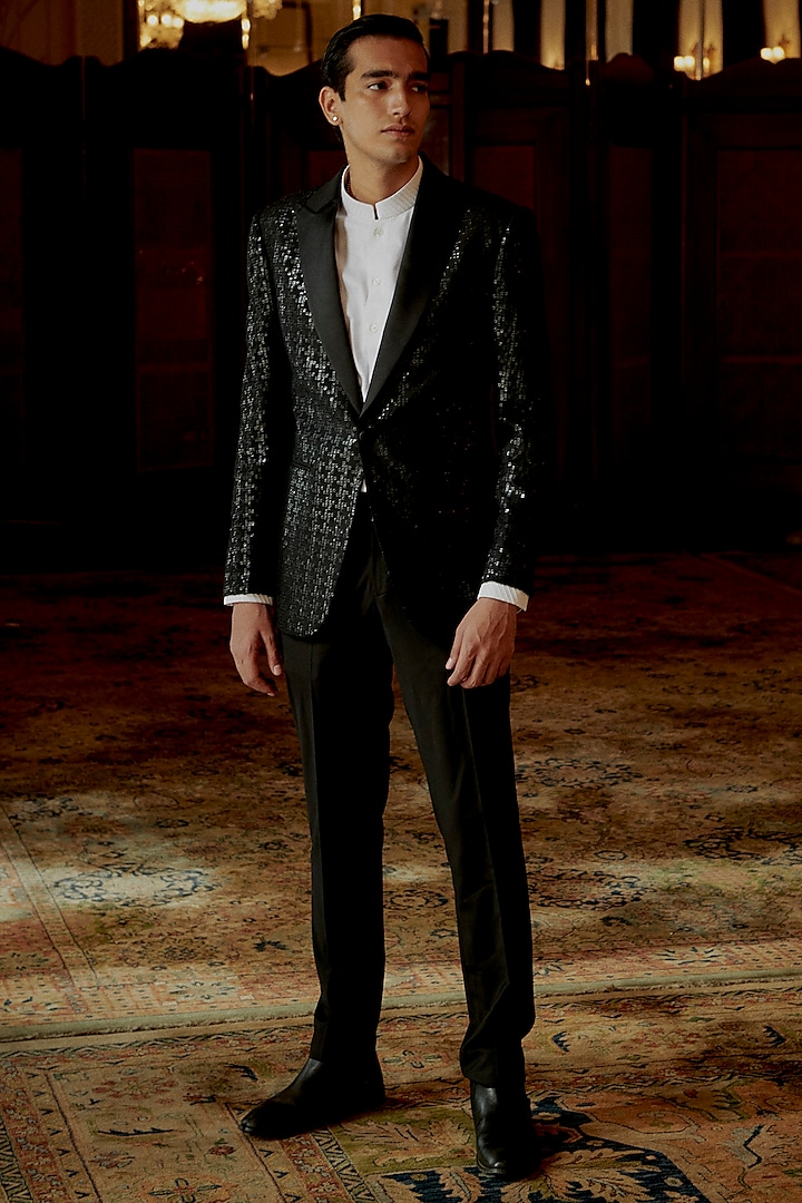 Black Suiting Houndstooth Hand Embroidered Tuxedo Set by Amaare